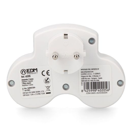 Adaptador 2 Tomas 2P+T Schuko Con 2 Usb (A + C), Blanco