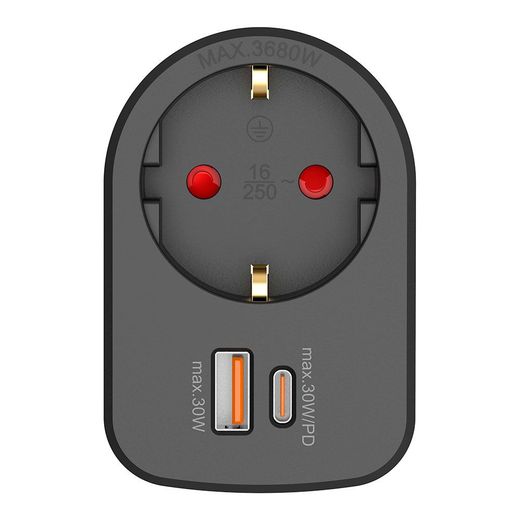 Adaptador Combi 30 W Usb A + C + 1 Toma Schuko, 16 A 250 V~, Negro