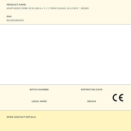 Adaptador Combi 30 W Usb A + C + 1 Toma Schuko, 16 A 250 V~, Negro