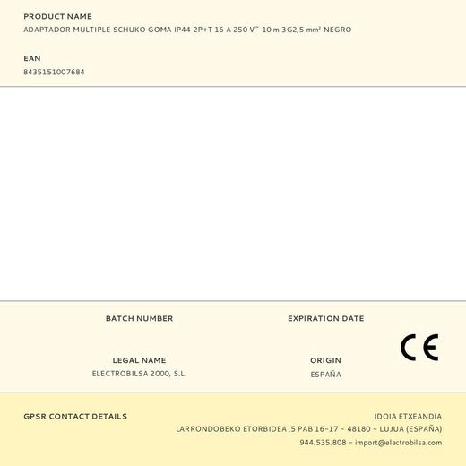 Adaptador Multiple Schuko Goma Ip44 2P+T 16 A 250 V~ 10 M De Cable 3G2,5 Mm² Negro