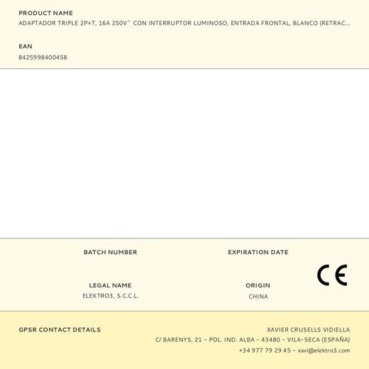 Adaptador Triple 2P+T, 16A 250V~ Con Interruptor Luminoso, Entrada Frontal, Blanco (Retractilado)