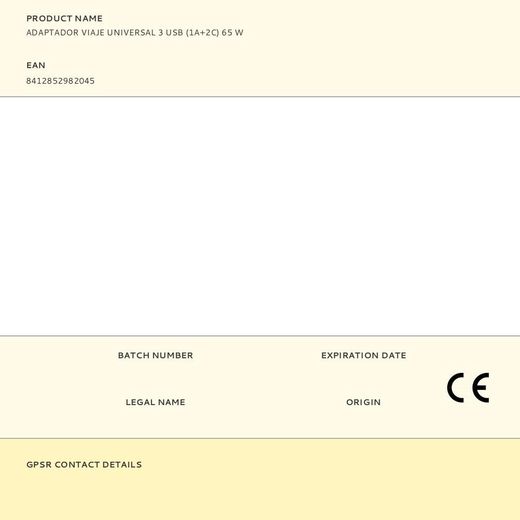 Adaptador Viaje Universal + 3 Usb (1A+2C) 65 W