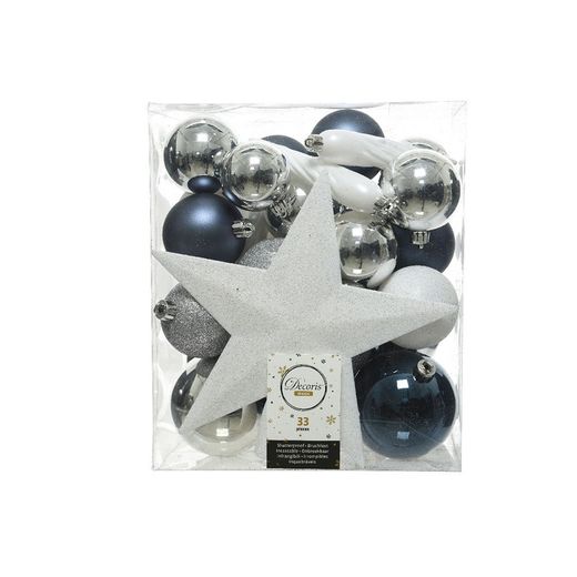 Adornos Decoración Árbol Navidad, Azul, Blanco Y Plata, Caja 33 Piezas
