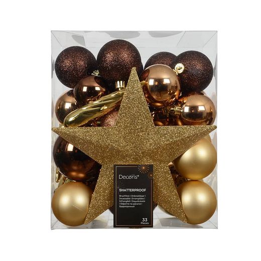 Adornos Decoración Árbol Navidad, Marrón Y Dorado, Caja 33 Piezas