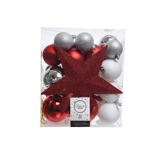 Adornos Decoración Árbol Navidad, Plata, Rojo Y Blanco Mate, Caja 33 Piezas