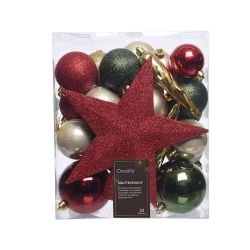 Adornos Decoración Árbol Navidad, Verde, Dorado Y Rojo, Caja 33 Piezas