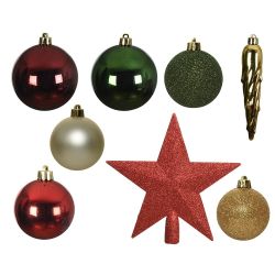 Adornos Decoración Árbol Navidad, Verde, Dorado Y Rojo, Caja 33 Piezas