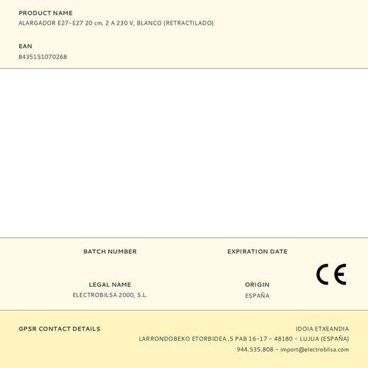 Alargador E27-E27 20 Cm, 2 A 230 V, Blanco (Retractilado)