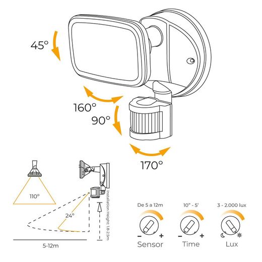 Aplique Foco Led Con Sensor Crepuscular Y De Movimiento 10 W 750 Lm 4000 K Luz Día, Ip65, Negro, Ø12 × 14 × 17 Cm