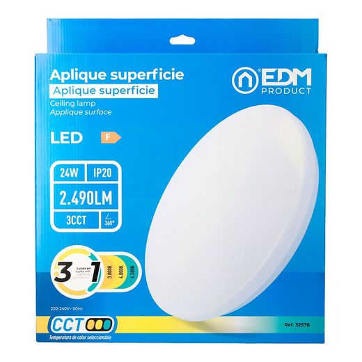 Aplique Led Circular De Superficie 24W 3Cct 2490 Lm Ø38 X 6,6 Cm