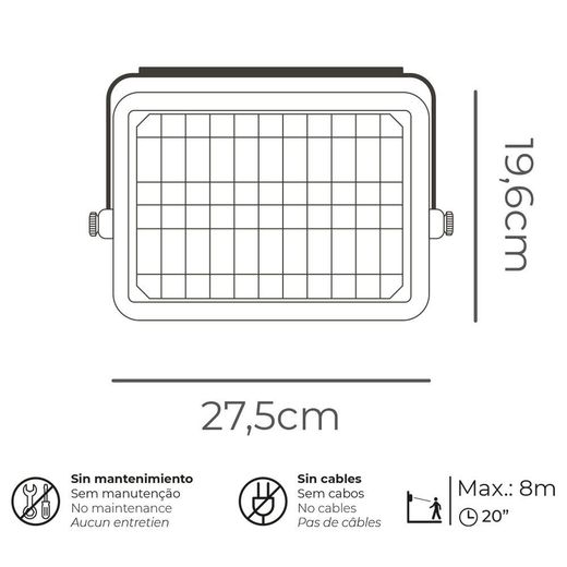 Aplique Solar 10W 1150Lm Recargable. Sensor Presencia (2-8M) Color Negro 27,5X19,6Cm Edm