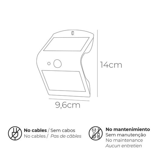 Aplique Solar 1,5W 220Lm Recargable. Sensor De Presencia (2-6M) Color Negro 9,6X7,3X14Cm Edm