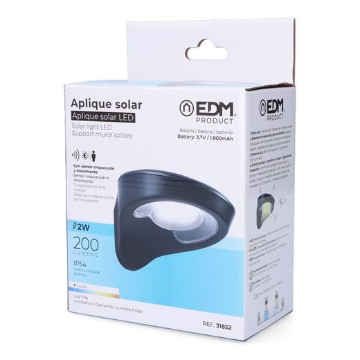 Aplique Solar 2W 200Lm 6500K Con Sensor Color Negro Edm