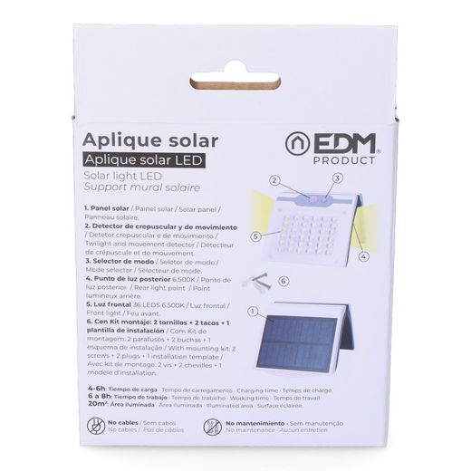 Aplique Solar 2W 220Lm 6.500K Con Sensor Color Blanco Edm