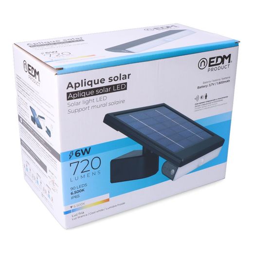 Aplique Solar Led 6W 720Lm 6.500K Con Sensor Crepuscular Y Movimiento. Punto De Luz Extraíble. Color Negro Edm