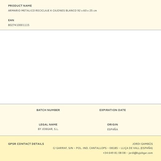 Armario Metalico Reciclaje 4 Cajones Blanco 92 X 60 X 25 Cm