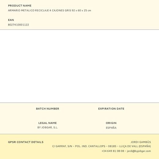 Armario Metalico Reciclaje 4 Cajones Gris 92 X 60 X 25 Cm