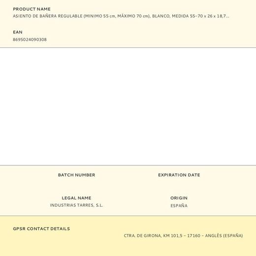 Asiento De Bañera Regulable (Minimo 55 Cm, Máximo 70 Cm), Blanco, Medida 55-70 X 26 X 18,7 Cm