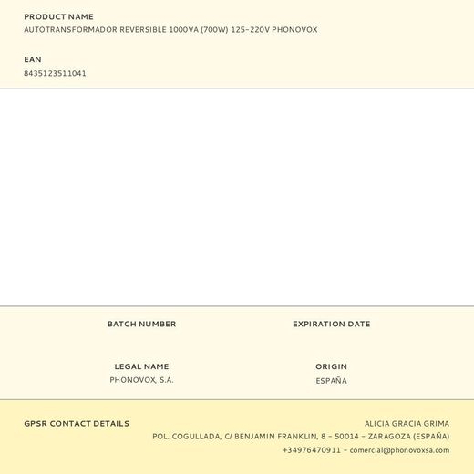 Autotransformador Reversible 1000Va (700W) 125-220V Phonovox