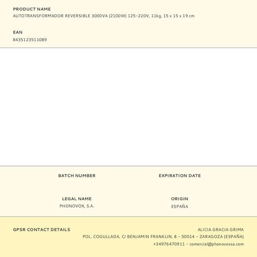Autotransformador Reversible 3000Va (2100W) 125-220V, 11Kg, 15 X 15 X 19 Cm