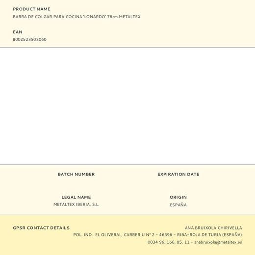 Barra De Colgar Lonardo Para Cocina 78 Cm