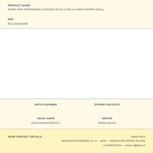 Barra Para Dominadas Ajustable De 62 A 100 Cm Carga Maxima 100 Kg