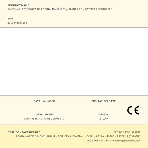 Báscula Electronica De Cocina, Máximo 5Kg. Blanca Con Batería Recargable