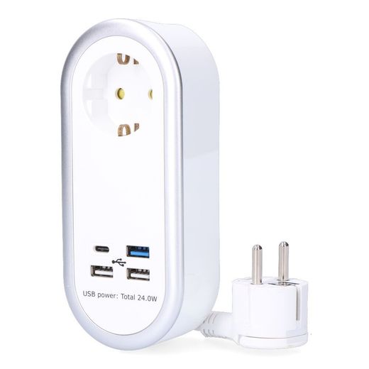 Base Aérea 1 Toma 2P+T Schuko, 4 Usb (3 X A + 1 X C), 1,5 M De Cable H05Vv-F 3G1,5 Mm², 16A 250V~, Blanca