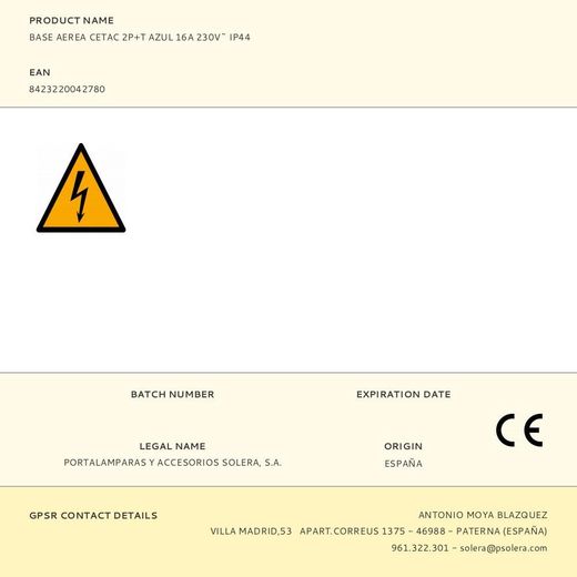 Base Aerea Cetac 2P+T Azul 16A 230V~ Ip44