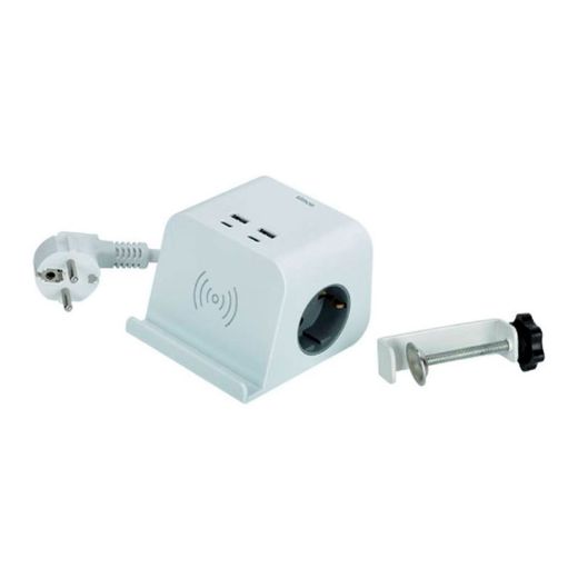 Base Combiflat 2 Tomas Schuko 16A 250 V ~ + 2 Usb A + 2 Usb C + Carga Inalámbrica Con Soporte Y Fijación Blanca