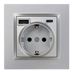Base Enchufe Schuko + Usb A + C 10,5 W 16 A 250 V~, Simon 10, Aluminio