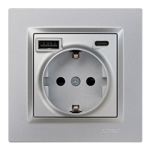 Base Enchufe Schuko + Usb A + C 10,5 W 16 A 250 V~, Simon 10, Aluminio