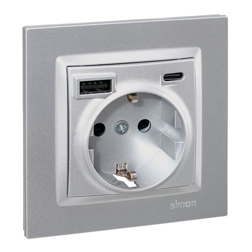 Base Enchufe Schuko + Usb A + C 10,5 W 16 A 250 V~, Simon 10, Aluminio