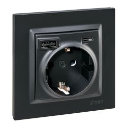 Base Enchufe Schuko + Usb A + C 10,5 W 16 A 250 V~, Simon 10, Negro