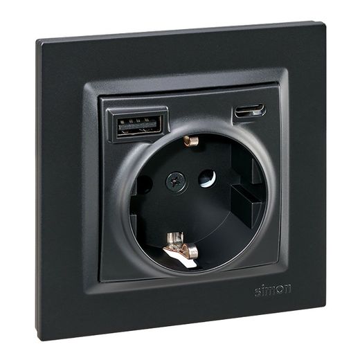 Base Enchufe Schuko + Usb A + C 10,5 W 16 A 250 V~, Simon 10, Negro