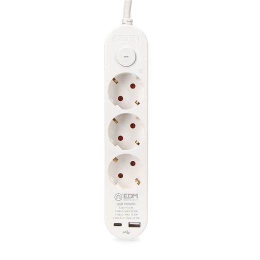 Base Múltiple 3 Tomas Schuko, Interruptor, 2 Usb A + C, 1,5M De Cable H05Vv-F, 3G1,5 Mm², 16A 250V~, Blanca