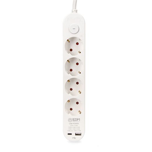 Base Múltiple 4 Tomas Schuko, Interruptor, 2 Usb A + C, 1,5M De Cable H05Vv-F, 3G1,5 Mm², 16A 250V~, Blanca
