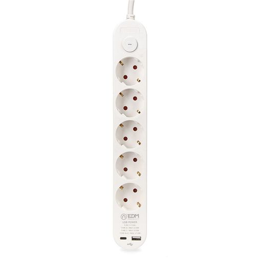 Base Múltiple 5 Tomas Schuko, Interruptor, 2 Usb A + C, 1,5M De Cable H05Vv-F, 3G1,5 Mm², 16A 250V~, Blanca