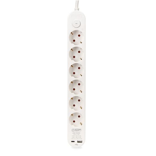 Base Múltiple 6 Tomas Schuko, Interruptor, 2 Usb A + C, 1,5M De Cable H05Vv-F, 3G1,5 Mm², 16A 250V~, Blanca