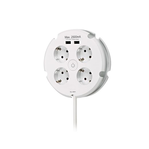 Base Múltiple Redonda 4 Tomas 2P+T Schuko, Con Interruptor+ 2 Usb, 1,5 M De Cable H05Vv-F 3G1,5 Mm², 16 A 250 V~, Blanca