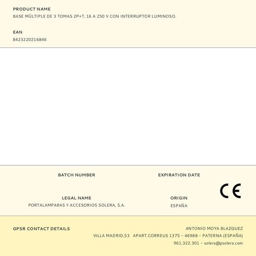 Base Múltiple De 3 Tomas 2P+T, 16 A 250 V, Sin Cable, Con Interruptor