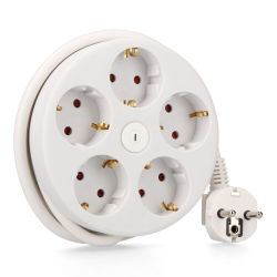 Base Múltiple Redonda 5 Tomas 2P+T Schuko, Con Interruptor, 1,5 M De Cable H05Vv-F 3G1,5 Mm², 16A 250V~, Blanca