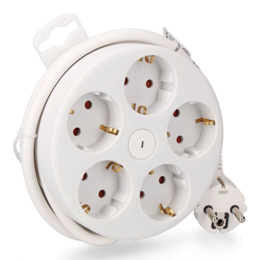 Base Múltiple Redonda 5 Tomas 2P+T Schuko, Con Interruptor, 1,5 M De Cable H05Vv-F 3G1,5 Mm², 16A 250V~, Blanca