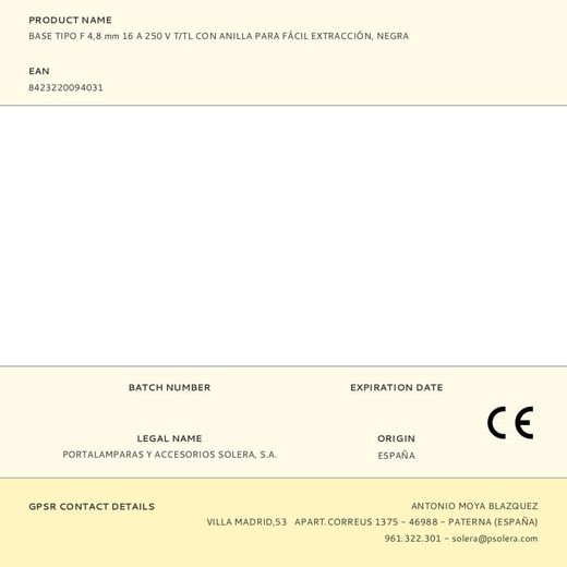 Base Tipo F 4,8 Mm 16 A 250 V T/Tl Con Anilla Para Fácil Extracción, Negra