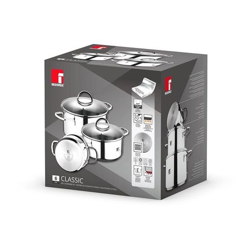 Batería 6 Piezas De Acero Inoxidable Para Inducción, Cazuela Con Tapa Ø16 Cm / Cazuela Con Tapa Ø18 Cm / Cazuela Con Tapa Ø20 Cm