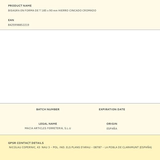 Bisagra En Forma De T 185 X 90 Mm Hierro Cincado Cromado