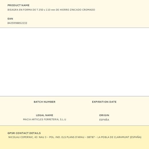 Bisagra En Forma De T 250 X 110 Mm De Hierro Zincado Cromado