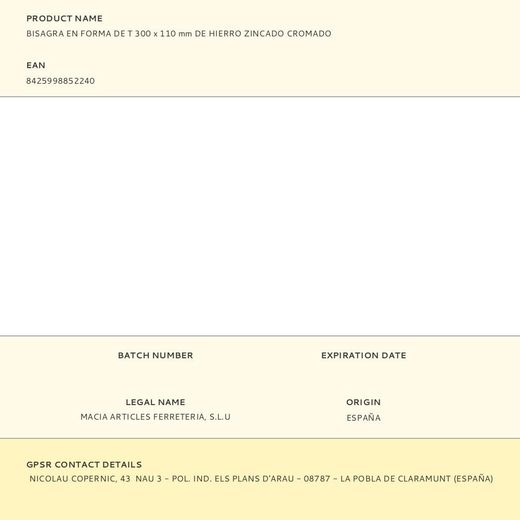 Bisagra En Forma De T 300 X 110 Mm De Hierro Zincado Cromado