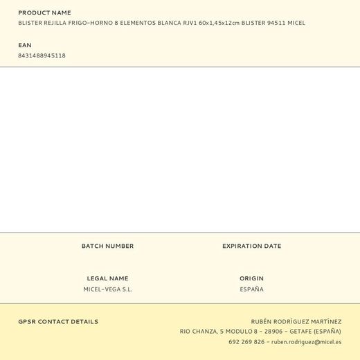 Blister Rejilla Frigo-Horno 8 Elementos Blanca Rjv1 60X1,45X12Cm Blister 94511 Micel