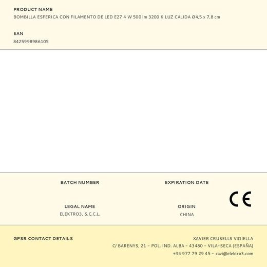 Bombilla Esferica Con Filamento De Led E27 4 W 500 Lm 3200 K Luz Calida Ø4,5 X 7,8 Cm